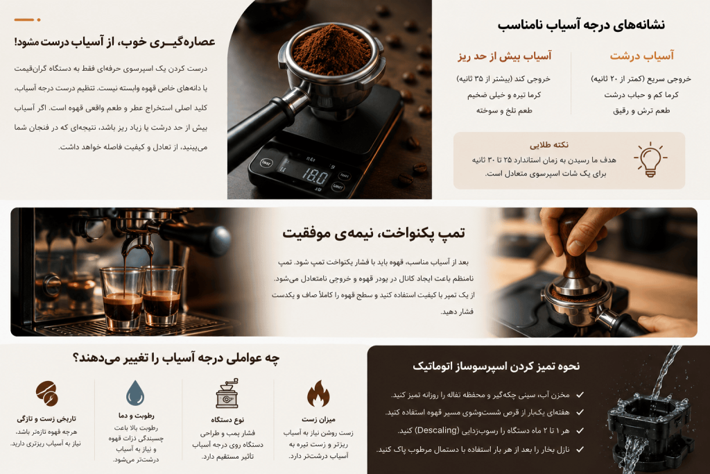 آموزش تنظیم درجه آسیاب اسپرسوساز | راز تهیه یک شات اسپرسوی حرفه‌ایبرای اسپرسو معمولاً از آسیاب ریز (Fine Grind) استفاده می‌شود؛ اما این موضوع یک عدد ثابت نیست. عوامل مختلفی مانند موارد زیر روی درجه مناسب تأثیر می‌گذارند:
•	نوع دستگاه اسپرسوساز
•	فشار پمپ
•	تازگی دانه قهوه
•	میزان رطوبت محیط
•	نوع رست (روشن، متوسط یا تیره)
•	نوع آسیاب (تیغه‌ای یا مخروطی)
به همین دلیل باریستاهای حرفه‌ای تقریباً هر روز درجه آسیاب را کمی تنظیم می‌کنند.
جدول تنظیم درجه آسیاب برای اسپرسوساز
وضعیت عصاره‌گیری	علت احتمالی	راه‌حل
کمتر از ۲۰ ثانیه	آسیاب درشت است	آسیاب را ریزتر کنید
بین ۲۵ تا ۳۰ ثانیه	تنظیم مناسب	بهترین حالت
بیشتر از ۳۵ ثانیه	آسیاب بیش از حد ریز است	آسیاب را کمی درشت‌تر کنید
این جدول یک نقطه شروع عالی محسوب می‌شود؛ اما همیشه باید نتیجه را با طعم نهایی قهوه نیز ارزیابی کنید.
از کجا بفهمیم درجه آسیاب اشتباه است؟
یکی از رایج‌ترین سؤالات کاربران همین است. خوشبختانه نشانه‌های مشخصی وجود دارد.
اگر آسیاب بیش از حد درشت باشد:
•	اسپرسو آبکی می‌شود.
•	کرما بسیار کم است.
•	عطر قهوه ضعیف خواهد بود.
•	نوشیدنی مزه ترش پیدا می‌کند.
•	عصاره‌گیری سریع‌تر از ۲۰ ثانیه انجام می‌شود.
در این شرایط باید آسیاب را یک یا دو درجه ریزتر کنید.
اگر آسیاب بیش از حد ریز باشد:
•	خروج قهوه بسیار کند است.
•	کرما تیره و ضخیم می‌شود.
•	طعم قهوه تلخ و گس خواهد شد.
•	احتمال گرفتگی پرتافیلتر افزایش پیدا می‌کند.
•	دستگاه فشار بیشتری تحمل می‌کند.
در این حالت بهتر است آسیاب را اندکی درشت‌تر کنید.
چه عواملی باعث تغییر درجه آسیاب می‌شوند؟
بسیاری تصور می‌کنند یک‌بار تنظیم آسیاب کافی است؛ درحالی‌که حرفه‌ای‌ها تقریباً هر روز تنظیمات را بررسی می‌کنند.
مهم‌ترین عوامل عبارت‌اند از:
۱. تازگی دانه قهوه
هرچه قهوه تازه‌تر باشد، گاز بیشتری درون آن وجود دارد و مقاومت بیشتری در برابر عبور آب ایجاد می‌کند.
۲. رطوبت هوا
در روزهای مرطوب، ذرات قهوه به یکدیگر نزدیک‌تر می‌شوند و ممکن است نیاز باشد آسیاب کمی درشت‌تر شود.
۳. نوع رست
رست روشن معمولاً به آسیاب ریزتری نیاز دارد، درحالی‌که رست تیره اغلب با آسیاب کمی درشت‌تر عملکرد بهتری دارد.
۴. نوع آسیاب
آسیاب‌های مخروطی (Conical Burr) یکنواخت‌تر از آسیاب‌های تیغه‌ای عمل می‌کنند و کنترل بیشتری روی عصاره‌گیری به شما می‌دهند.
