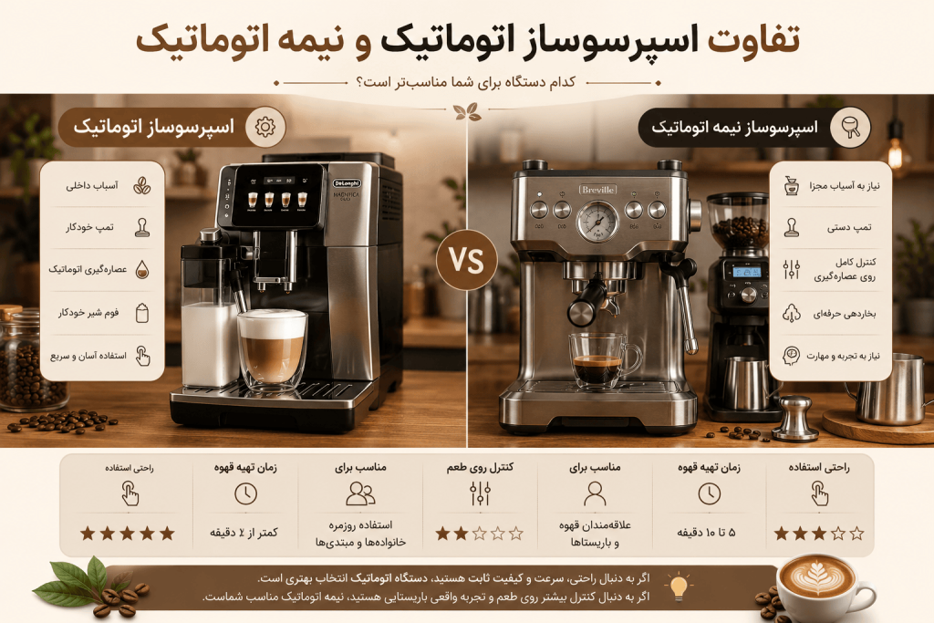 تفاوت اسپرسوساز اتوماتیک و نیمه اتوماتیک؛ کدام گزینه برای شما مناسبتر است؟ 2 تفاوت اسپرسوساز اتوماتیک و نیمه اتوماتیک؛ کدام گزینه برای شما مناسبتر است؟